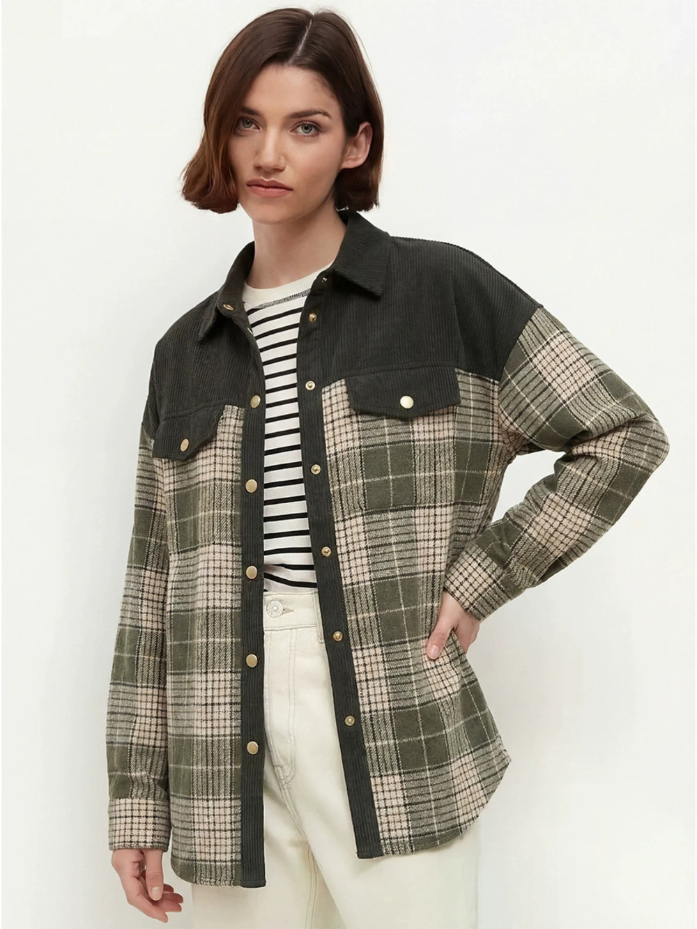 ZARA Womens Long Sleeve Plaid Colorblock Corduroy Jacket Fall Winter